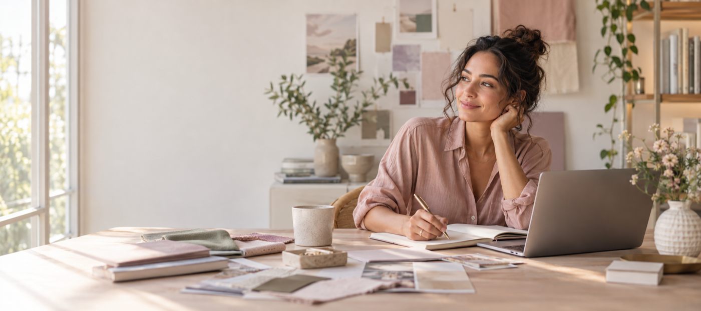 A woman planning her new business in a calm home studio